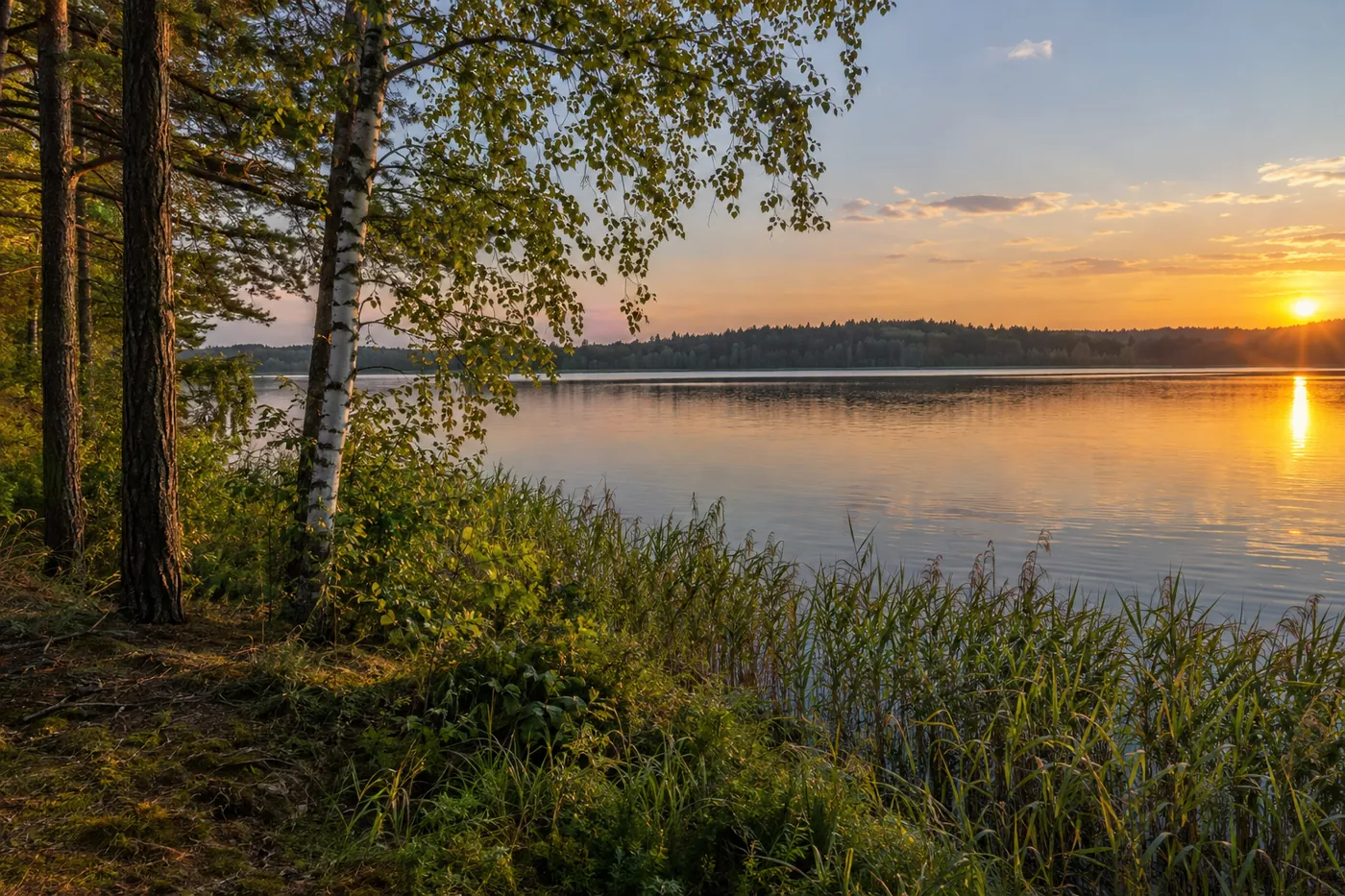 Blick vom Waldrand über einen See im Abendlicht